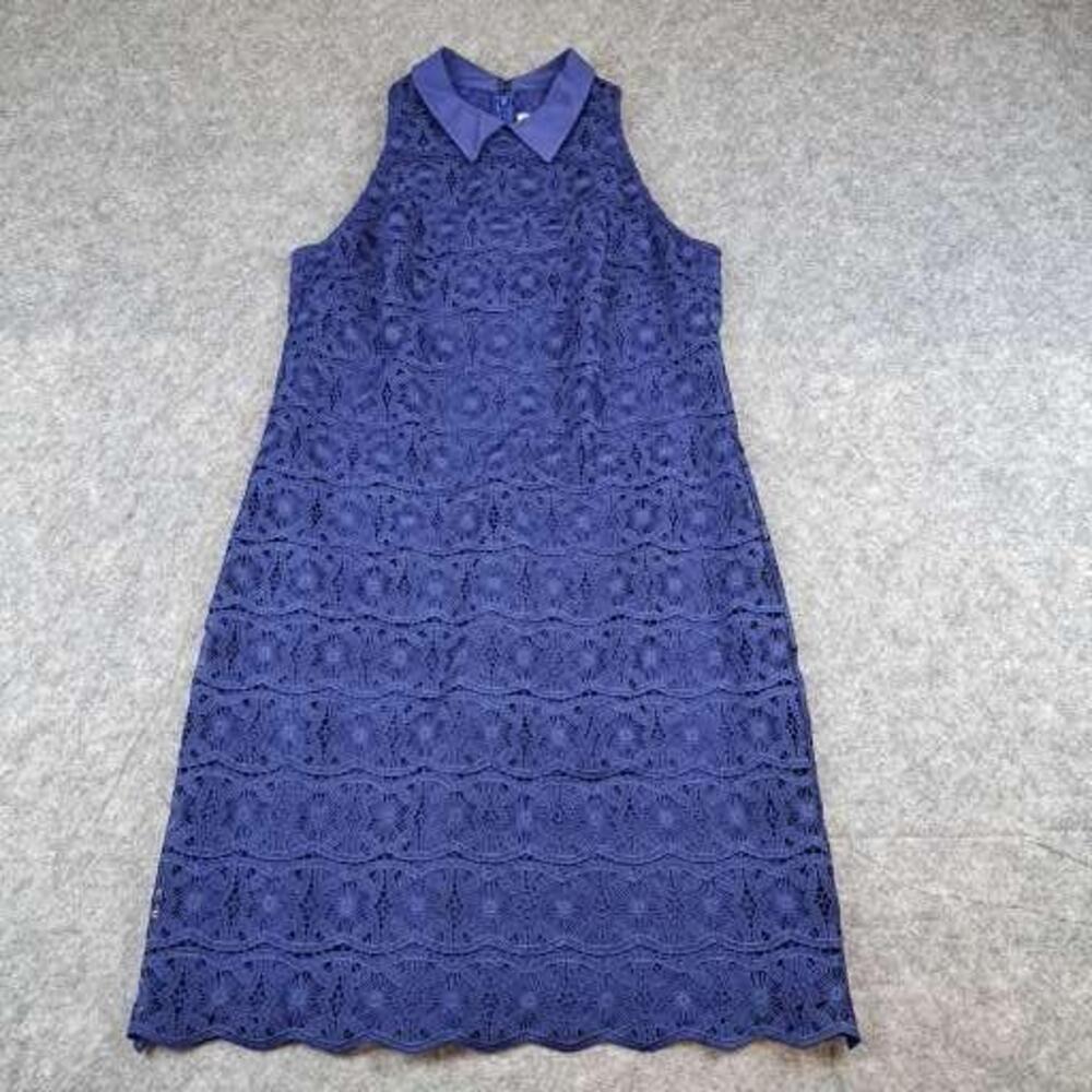 Trina Turk Dress Womens 6 Blue Lace Collared Shift Sleeveless Lined Back Zip